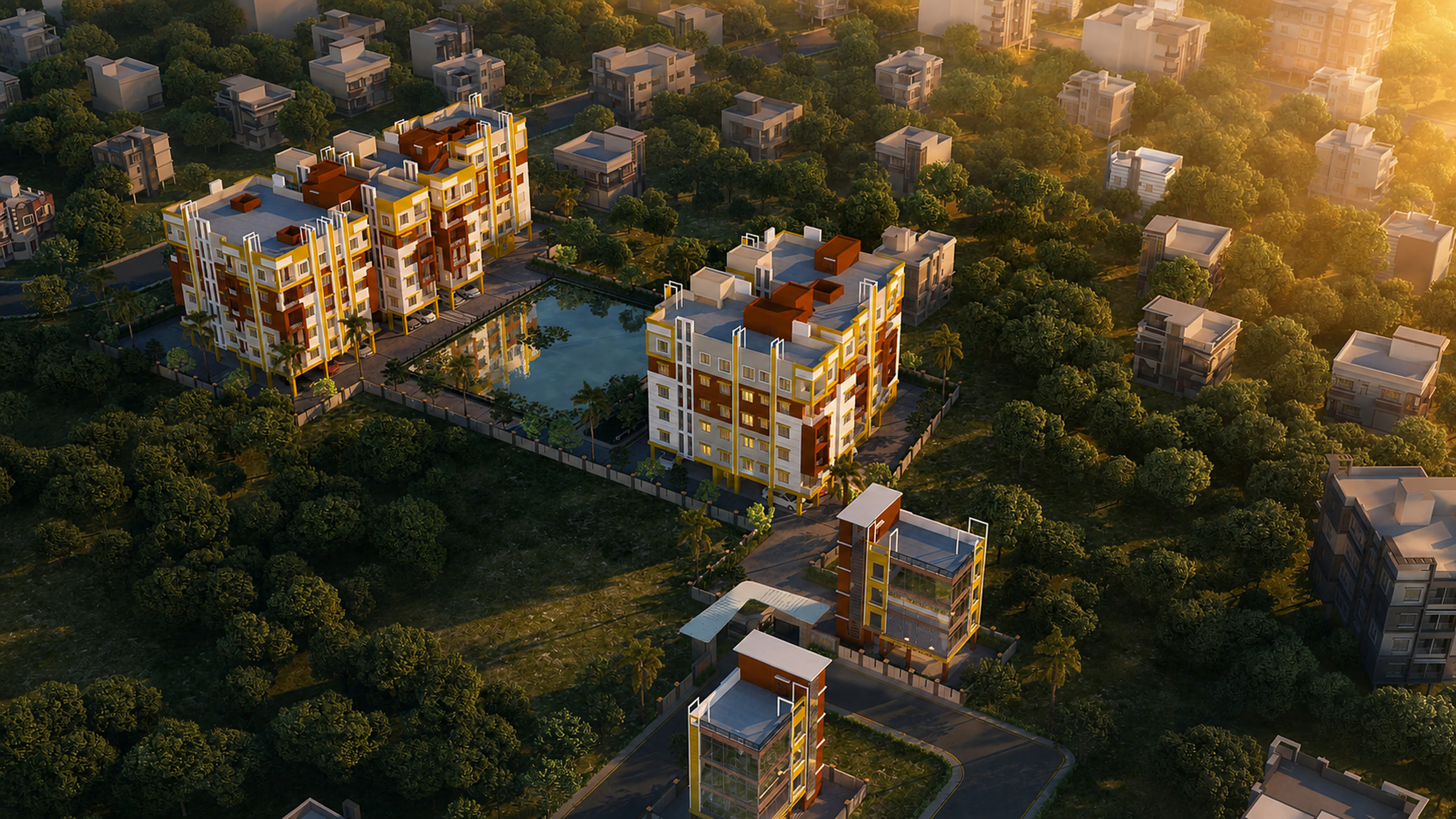 Rendered Meena Prime aerial entry hero showing the residential blocks, water body, greenery, and entry approach