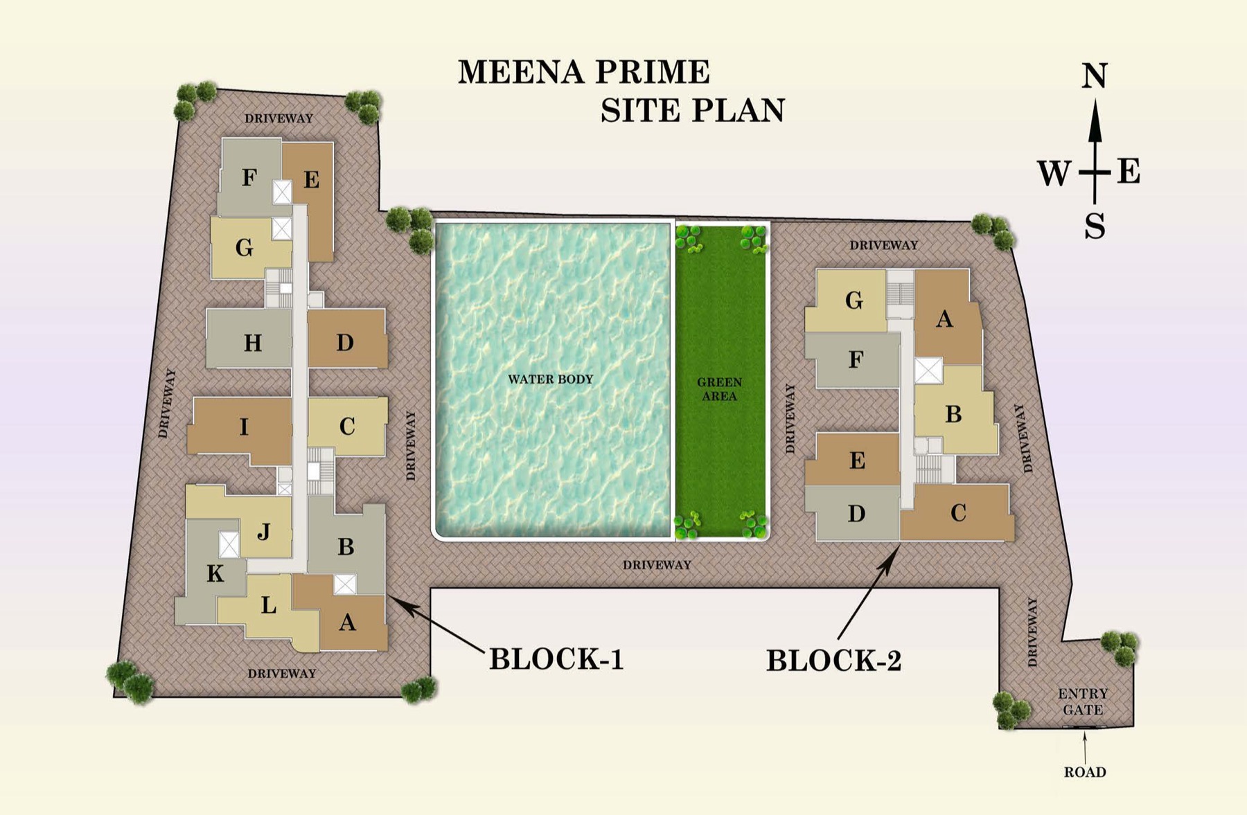 Meena Prime site plan showing Block-1, Block-2, entry gate, road, driveway, water body, and green area
